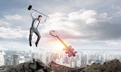 Jumping businessman crashing big key symbol with city view and sunlight on background. 3D rendering