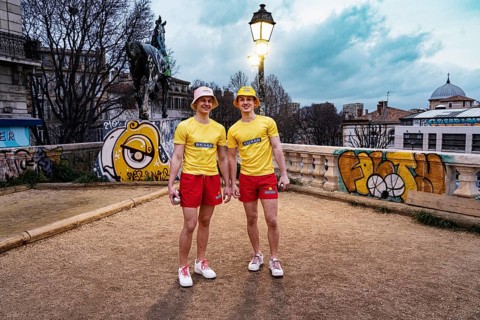 Two men in the same clothes in red and yellow, petanque Carli, advert for Pastis, Marseille,