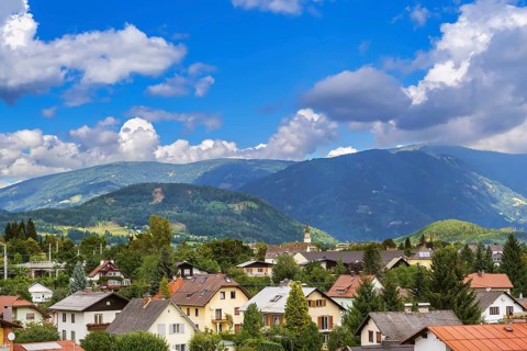 View of Villach and surrounding mountains, Austria, Europe