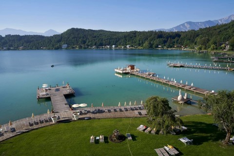 Bathing jetties on Lake Klopeiner See, Hotel Sonne, Carinthia, Austria, Europe