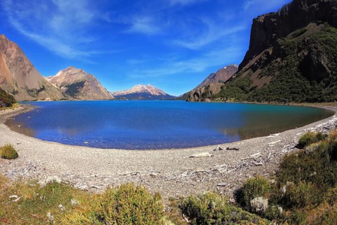 National Park Perito Moreno in Argentina. Oval blue lake surrounded by mountains