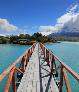National Park Chile - Torres del Paine. Easy Bridge at Lake Pehoe connects the island and the shore