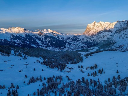 Wetterhorn Mountain at Sunset in Winter. Swiss Alps. Switzerland. Aerial View