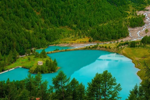 Beautiful Mountain Alp Grüm and Alpine Lake Palü in a Summer Day in Poschiavo, Bernina, Grisons,
