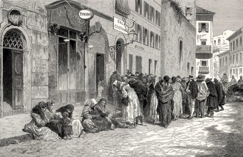 Distribution of food to the poor, San Lorenzo, Lucina square, Rome, Italy, 19th century, Europe