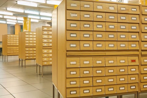 View on library wooden card catalog