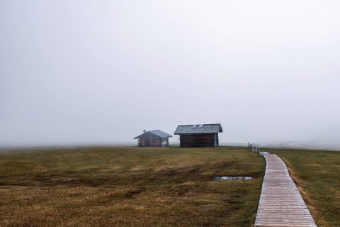 Fog on the Seiser Alm in the Dolomites in South Tyrol, Italy, Europe