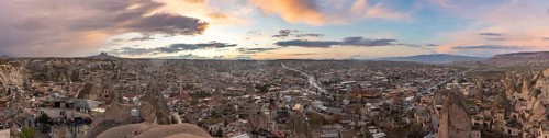 A panorama picture of the town of Goreme, in Cappadocia, at sunset