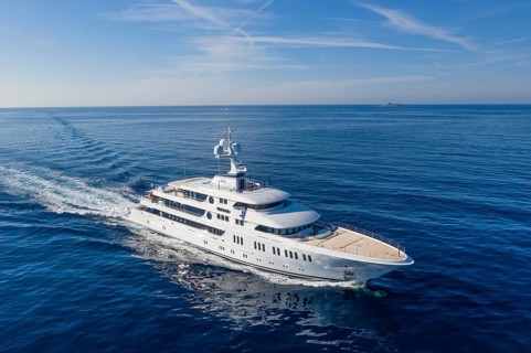 Aerial view 74 metre motor yacht AURORA, delivered in 2017 by the German shipyard Lürssen Yachts,