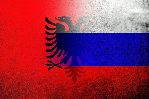 National flag of Russian Federation with Republic of Albania National flag. Grunge background