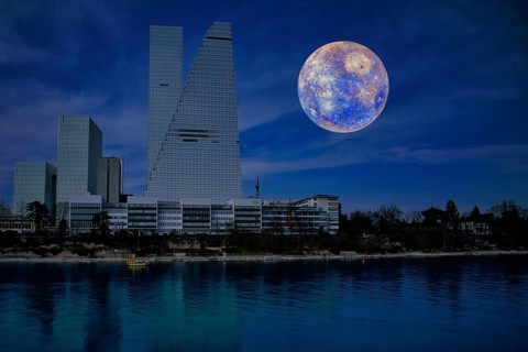 A modern building in front of a bluish full moon is reflected in the river at night, pharmaceutical