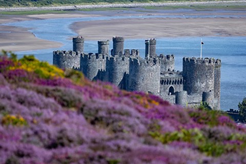 View from the mountains to Conwy Castle, ruins of the medieval castle on the river Conwy with