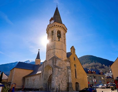 Vielha Viella church Sant Miqueu in Lerida Catalonia of Spain Aran Valley in Pyrenees