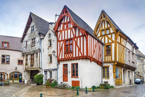 Street with historical half-timbered houses in Noyers (Noyers-sur-Serein), Yonne, France, Europe