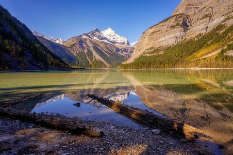 Beautiful autumn landscape scene in mountain in background in Jasper National Park west Canada with