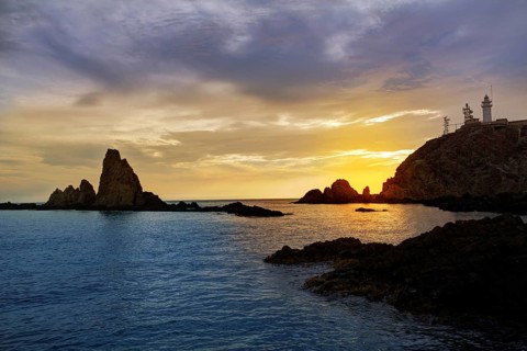 Almeria Cabo de Gata lighthouse sunset in Mediterranean sea of Spain