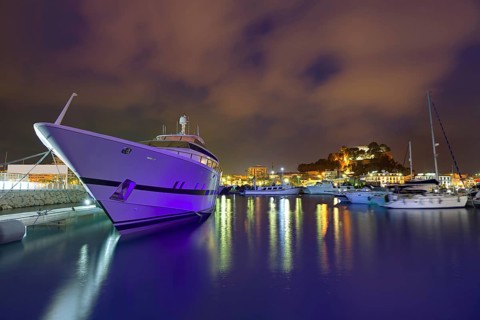 Denia port sunset dusk in marina at Alicante Spain