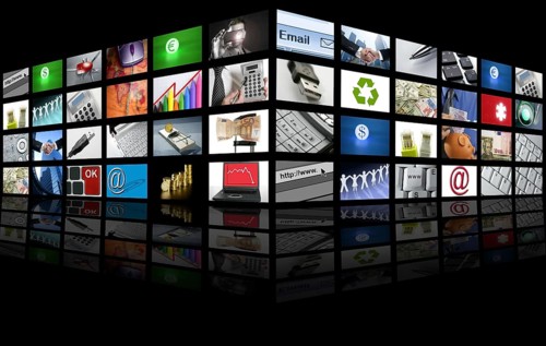 Big Panel of TV screen showing business tech and internet communication