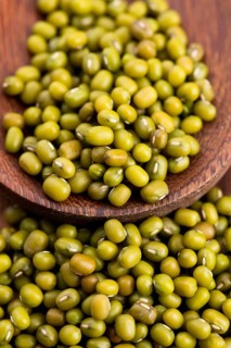 Mung beans over wooden spoon, lodz, poland