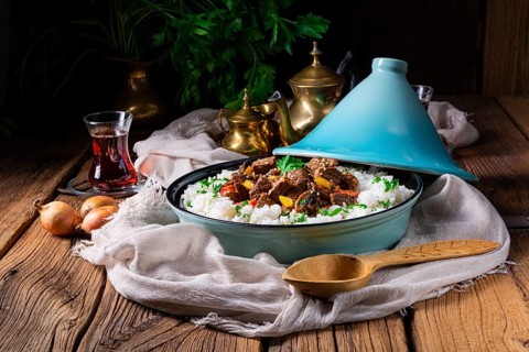 Tajin beef stew with rice, peppers and sesame seeds