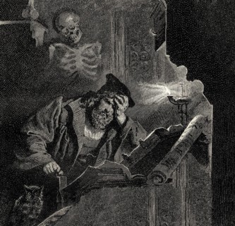 Faust, restless, seated at his desk, first part of the tragic play Faust by Johann Wolfgang von