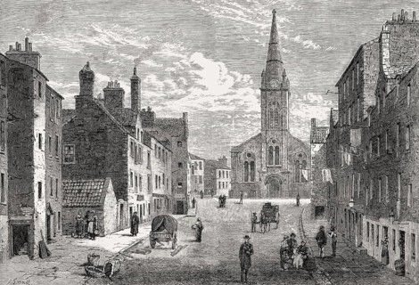 Sheriff Brae, looking towards St. Thomas Church, Edinburgh, Scotland, 19th century