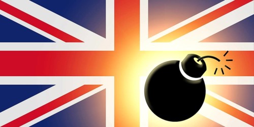 The British flag and bomb illustration. Closeup