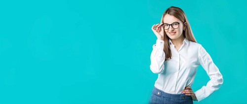 Blank for advertising. portrait young caucasian woman worker teacher coach mentor in white shirt