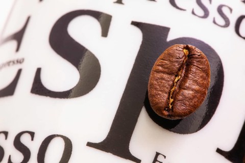 Detail of coffee bean on porcelain coffee cup. Coffee design