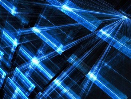 Diagonal lights wall - abstract computer-generated image. Dark blue technology background with