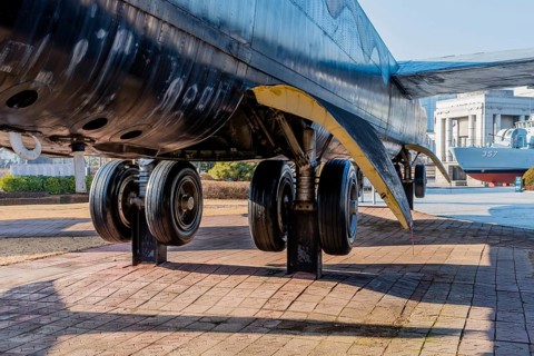 Seoul, South Korea. January 10, 2020: Rear view of landing gear and gear door of B-52 bomber at