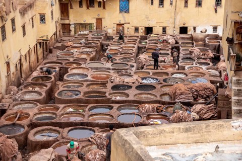 Famous tannery in the medina of Fes, where leather is being processed for generations, Morocco,