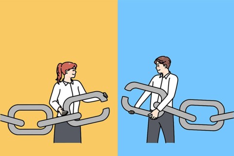 Businesspeople hold chain with missing link find solution together. Man and woman employee solve