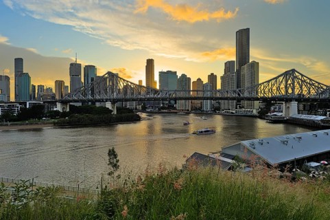 The skyline of Brisbane and the Story Bridge at sunset. Reupload after color correction