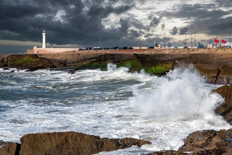 The lighthouse of Rabat during stormy sea, Morocco, Africa