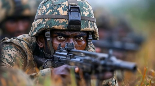 A soldier in camouflage gear aims a rifle with intense focus amidst tall grass