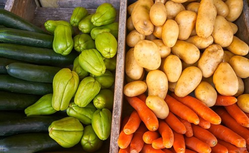 Mexican market vegetables carrot potatoes cucumbers and Chayote squash