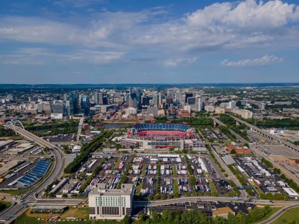 Aerial view of the City of Nashville, Tennessee. Located on the Cumberland River, the city is the