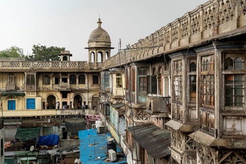 Old Delhi, India, March 30, 2023: The Gadodia market building at the Spice Market at Khari Baoli