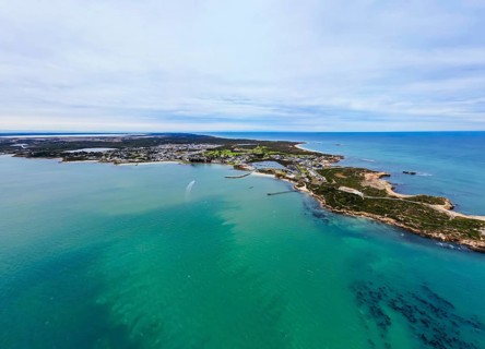 An aerial view over the rural township of Robe on the Limestone Coast on a sunny autumn day in