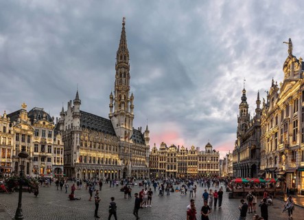 Brussels Old Town, Belgium, 07 18 2019, Panoramic view over the Brussels Grande Place at dusk
