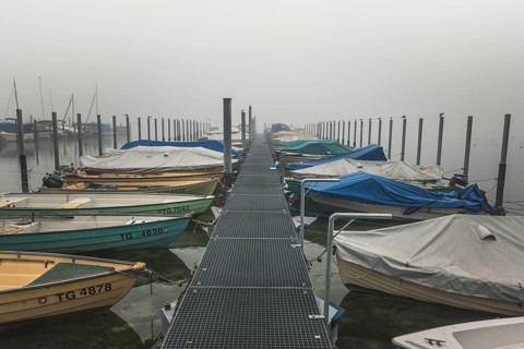 Boat harbour on Lake Constance in the fog, Eschenz, Canton Thurgau, Switzerland, Europe