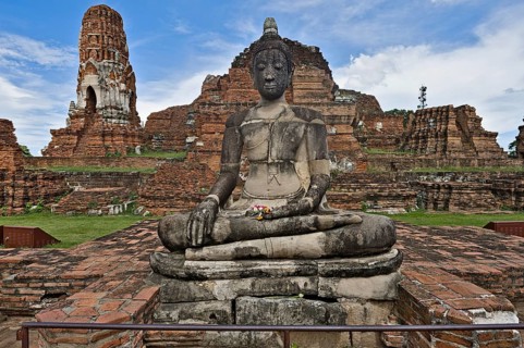 Wat Phra Mahathat temple complex in Ayutthaya on a sunny day