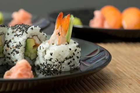 Plate of sushi in restaurant