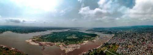 Aerial view of the Congo River separating Brazzaville, the capital of the Republic of Congo, and
