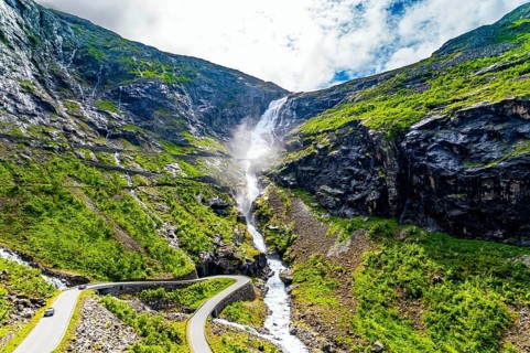 Trollstigen /Troll Staircase/ - the most popular tourist spot in Norway. The huge Stigfossen