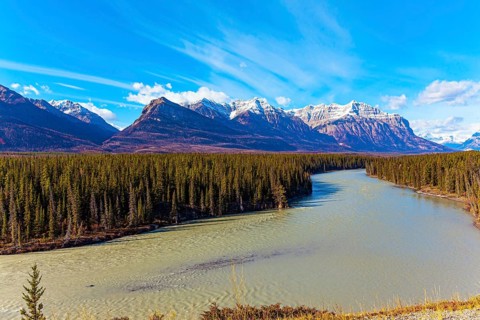 Rocky Mountains of Canada. Mountain peaks covered with snow and glaciers. This artificial Abraham