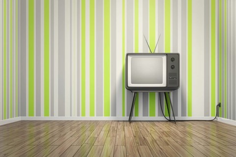An old vintage tube television in seventies style room 3D illustration