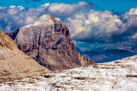 Dolomites in the snow. South Tyrol, Italy. The Pordoi Pass is part of the Dolomiti Superski ski