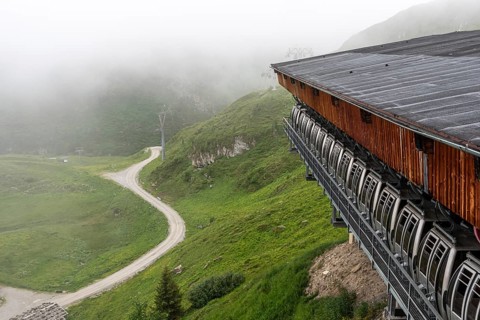 A cable car station with stored gondolas at the Hintertux glacier, Austria, Europe